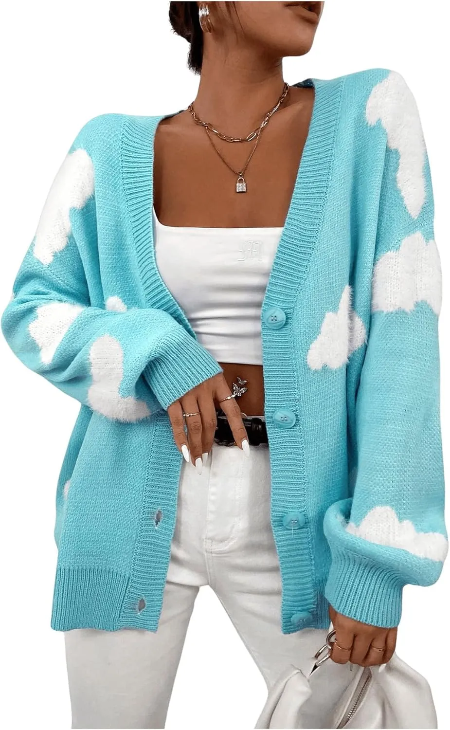 SOLY HUX Women's Button Down V Neck Long Sleeve Cloud Open Front Knit Cardigan Sweater