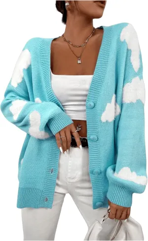 SOLY HUX Women's Button Down V Neck Long Sleeve Cloud Open Front Knit Cardigan Sweater