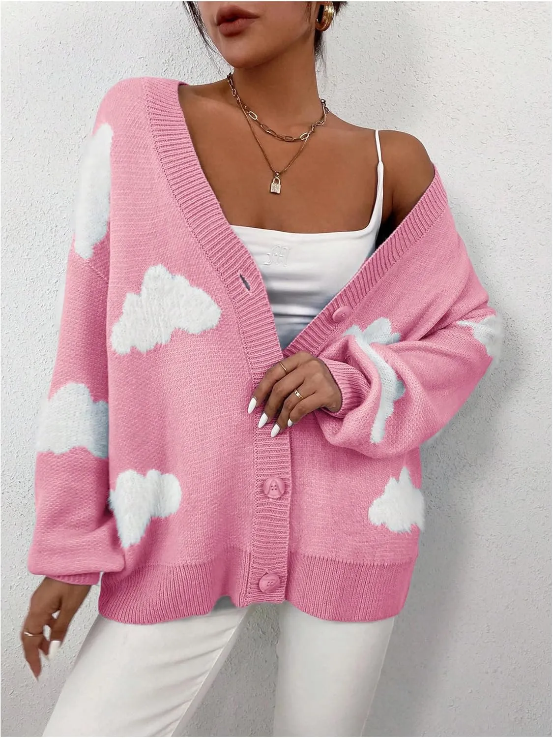SOLY HUX Women's Button Down V Neck Long Sleeve Cloud Open Front Knit Cardigan Sweater