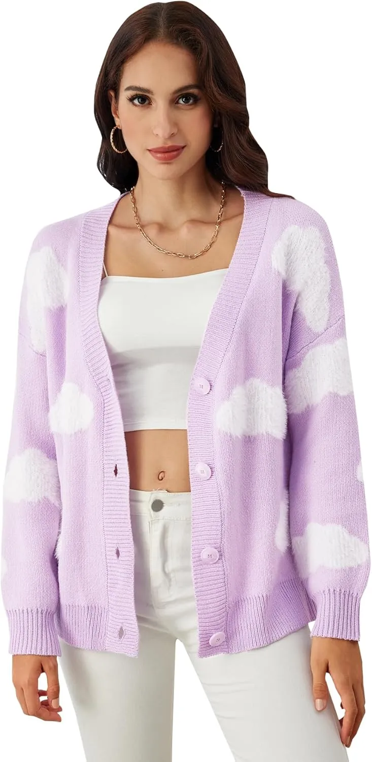 SOLY HUX Women's Button Down V Neck Long Sleeve Cloud Open Front Knit Cardigan Sweater