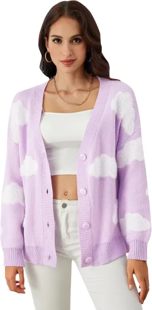SOLY HUX Women's Button Down V Neck Long Sleeve Cloud Open Front Knit Cardigan Sweater
