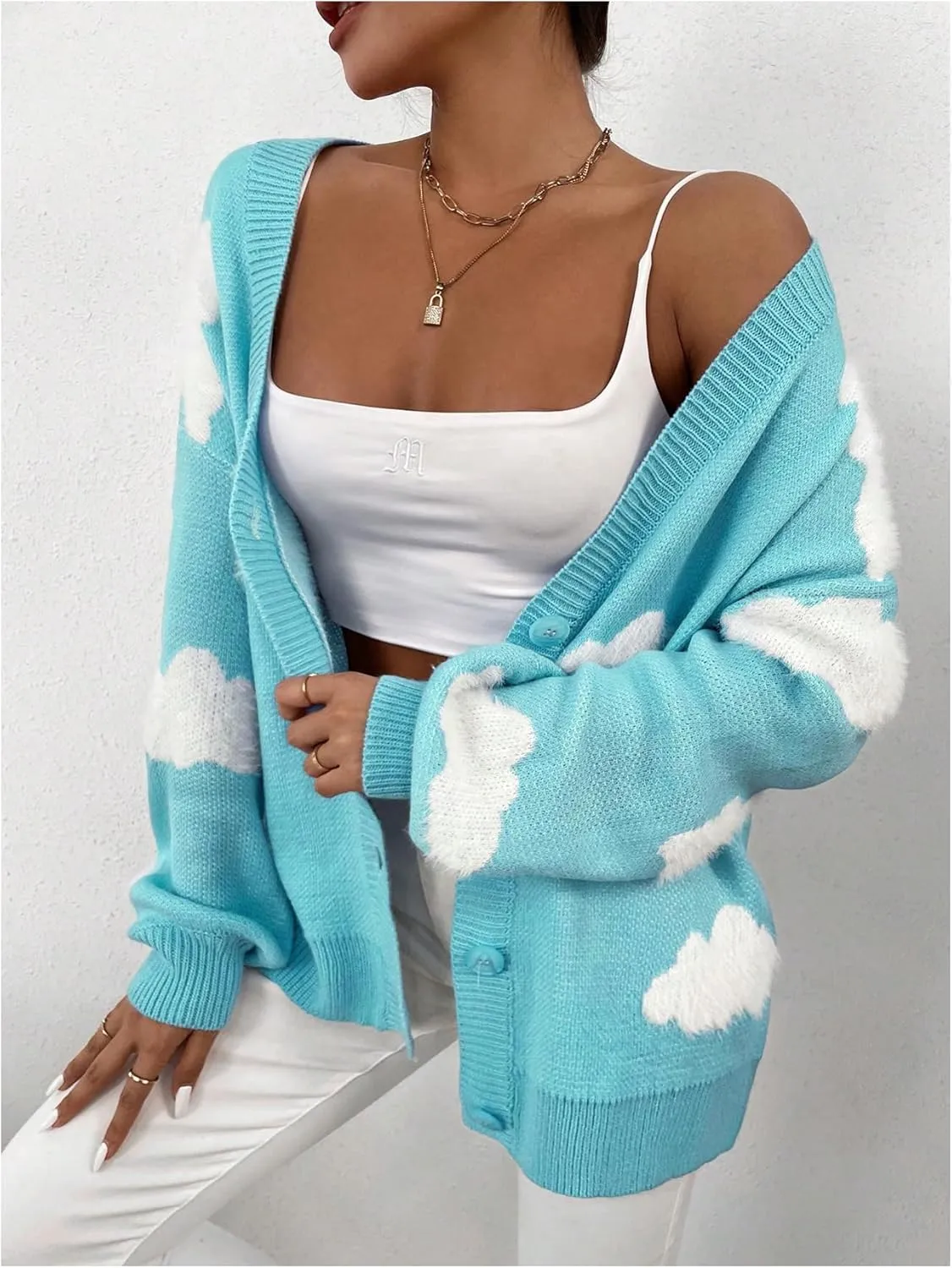 SOLY HUX Women's Button Down V Neck Long Sleeve Cloud Open Front Knit Cardigan Sweater