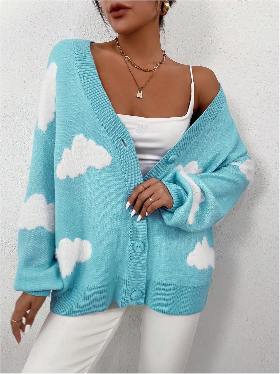 SOLY HUX Women's Button Down V Neck Long Sleeve Cloud Open Front Knit Cardigan Sweater