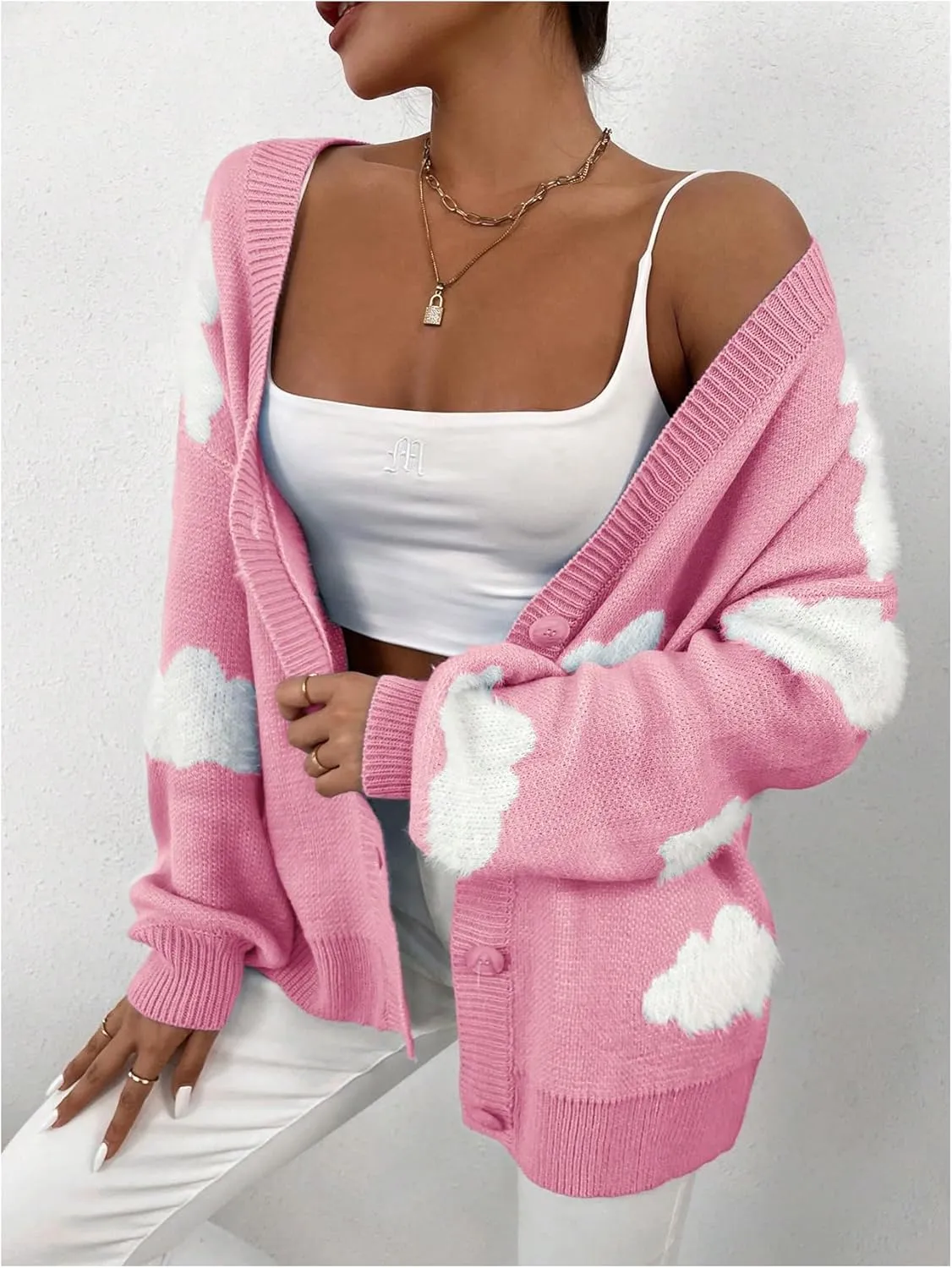 SOLY HUX Women's Button Down V Neck Long Sleeve Cloud Open Front Knit Cardigan Sweater