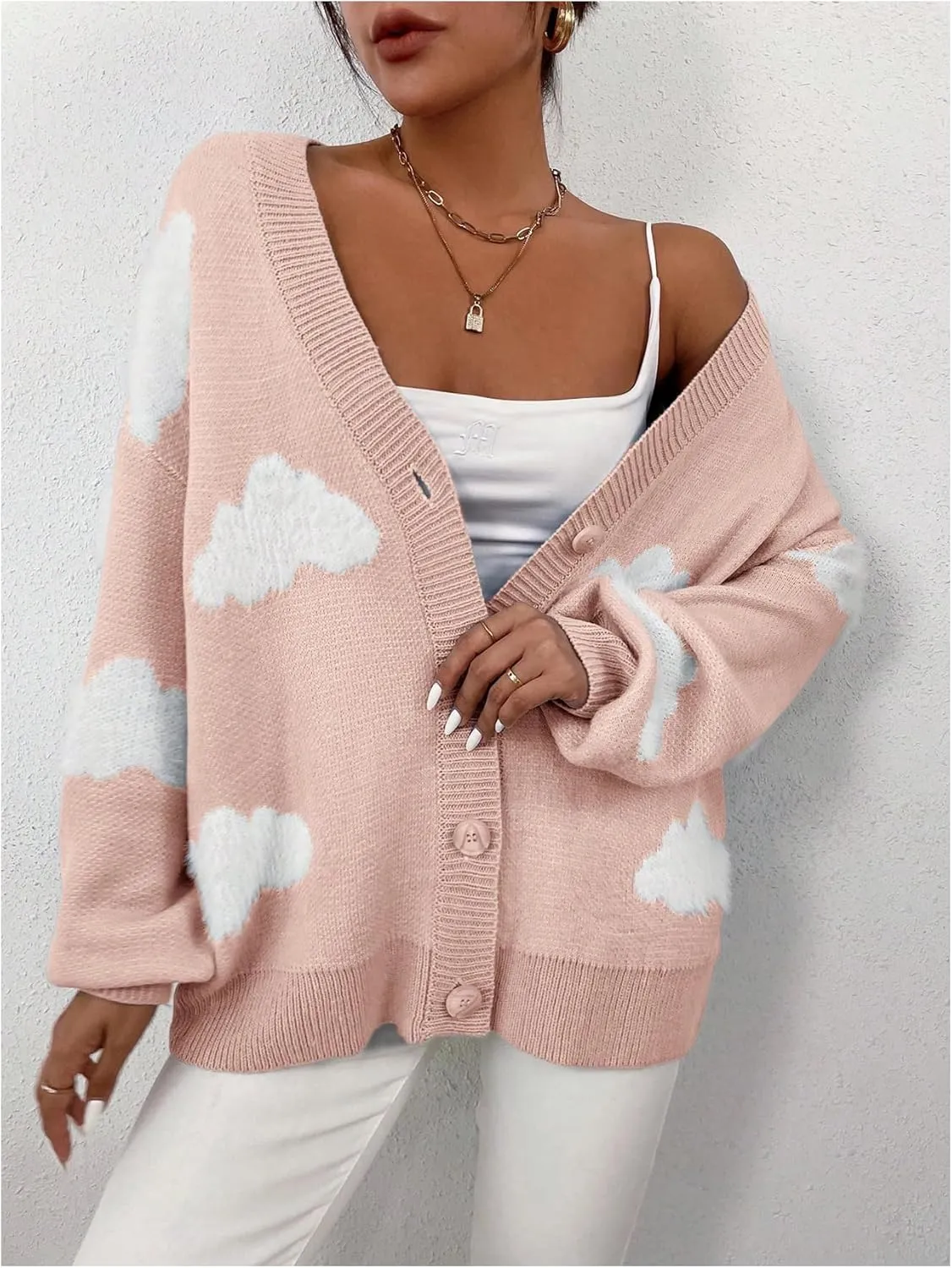 SOLY HUX Women's Button Down V Neck Long Sleeve Cloud Open Front Knit Cardigan Sweater