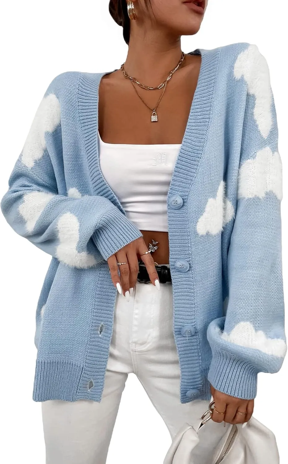 SOLY HUX Women's Button Down V Neck Long Sleeve Cloud Open Front Knit Cardigan Sweater