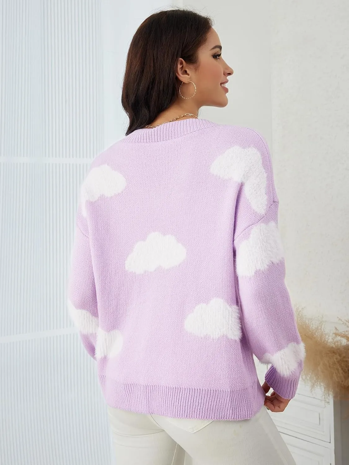 SOLY HUX Women's Button Down V Neck Long Sleeve Cloud Open Front Knit Cardigan Sweater