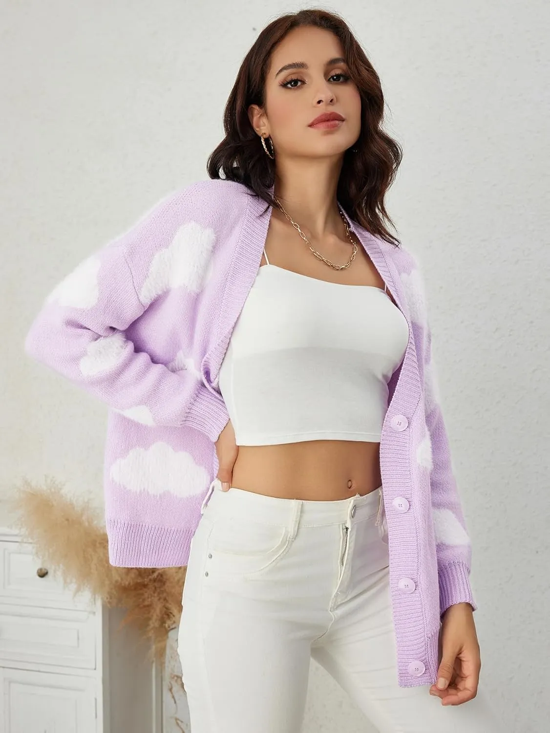 SOLY HUX Women's Button Down V Neck Long Sleeve Cloud Open Front Knit Cardigan Sweater