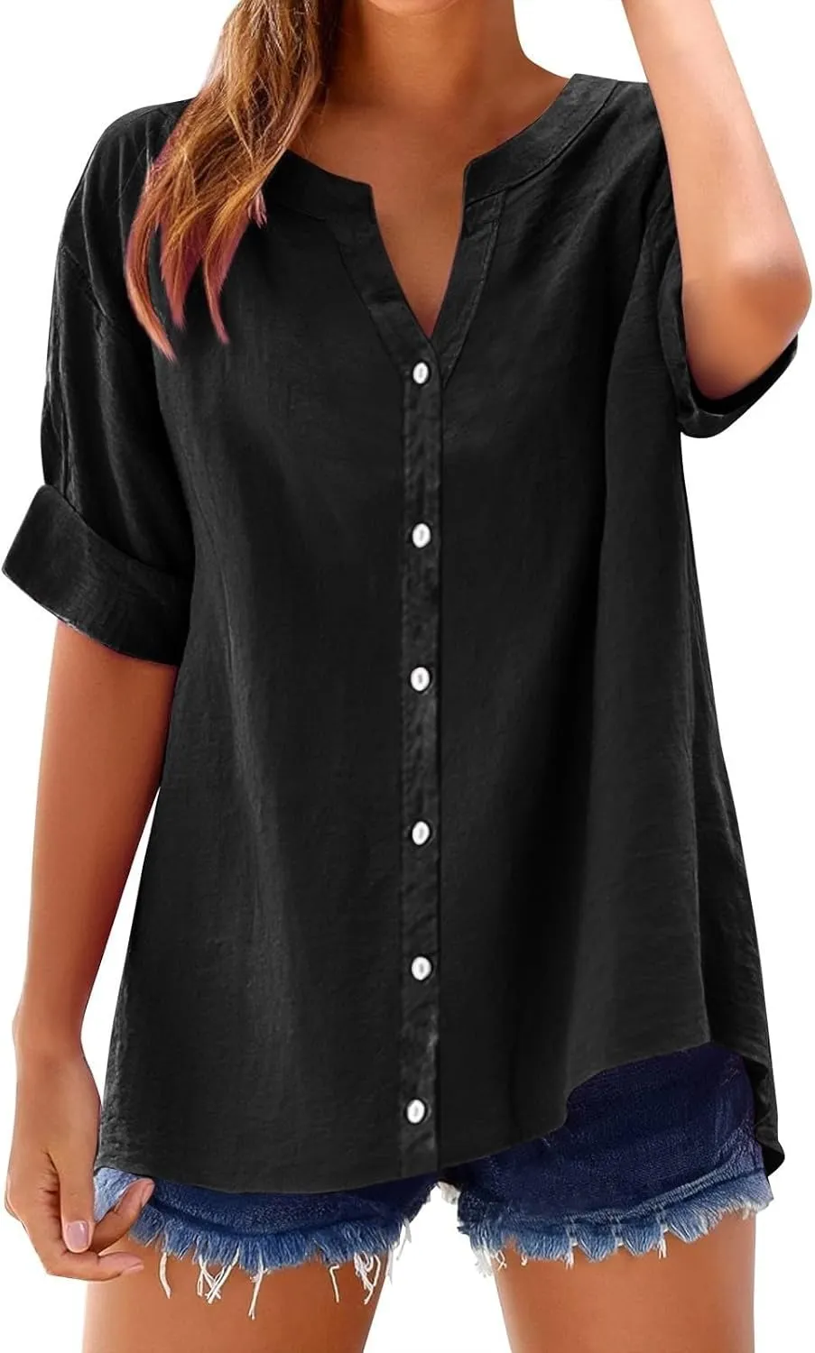 Summer Linen Tops for Women Trendy Button Down Shirts Sexy V Neck T Shirts Dressy Casual Boho Top Short Sleeve Blouse