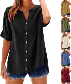 Summer Linen Tops for Women Trendy Button Down Shirts Sexy V Neck T Shirts Dressy Casual Boho Top Short Sleeve Blouse