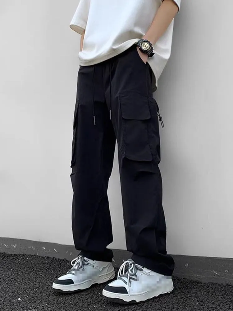 Summer Men's Cargo Pants Multi-Pockets High Street Casual Pants Loose Fit Wide Leg Straight Trousers