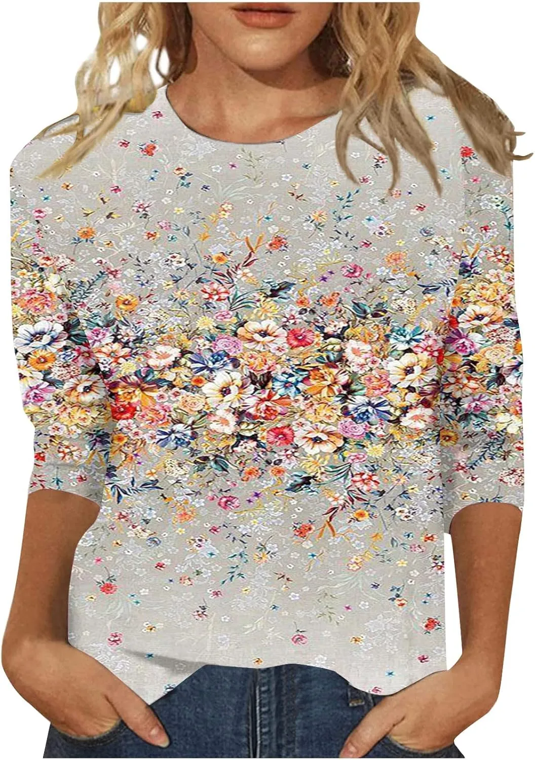 Summer Shirts for Women 3/4 Length Sleeve Crewneck Tops Trendy Loose Casual Printed Three Quarter Cute Blouse