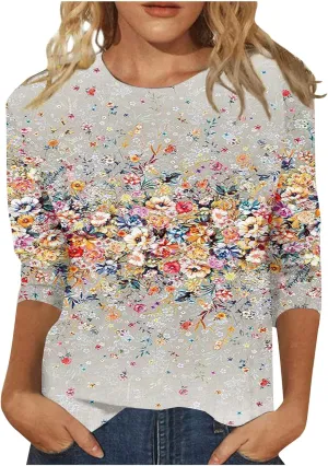 Summer Shirts for Women 3/4 Length Sleeve Crewneck Tops Trendy Loose Casual Printed Three Quarter Cute Blouse
