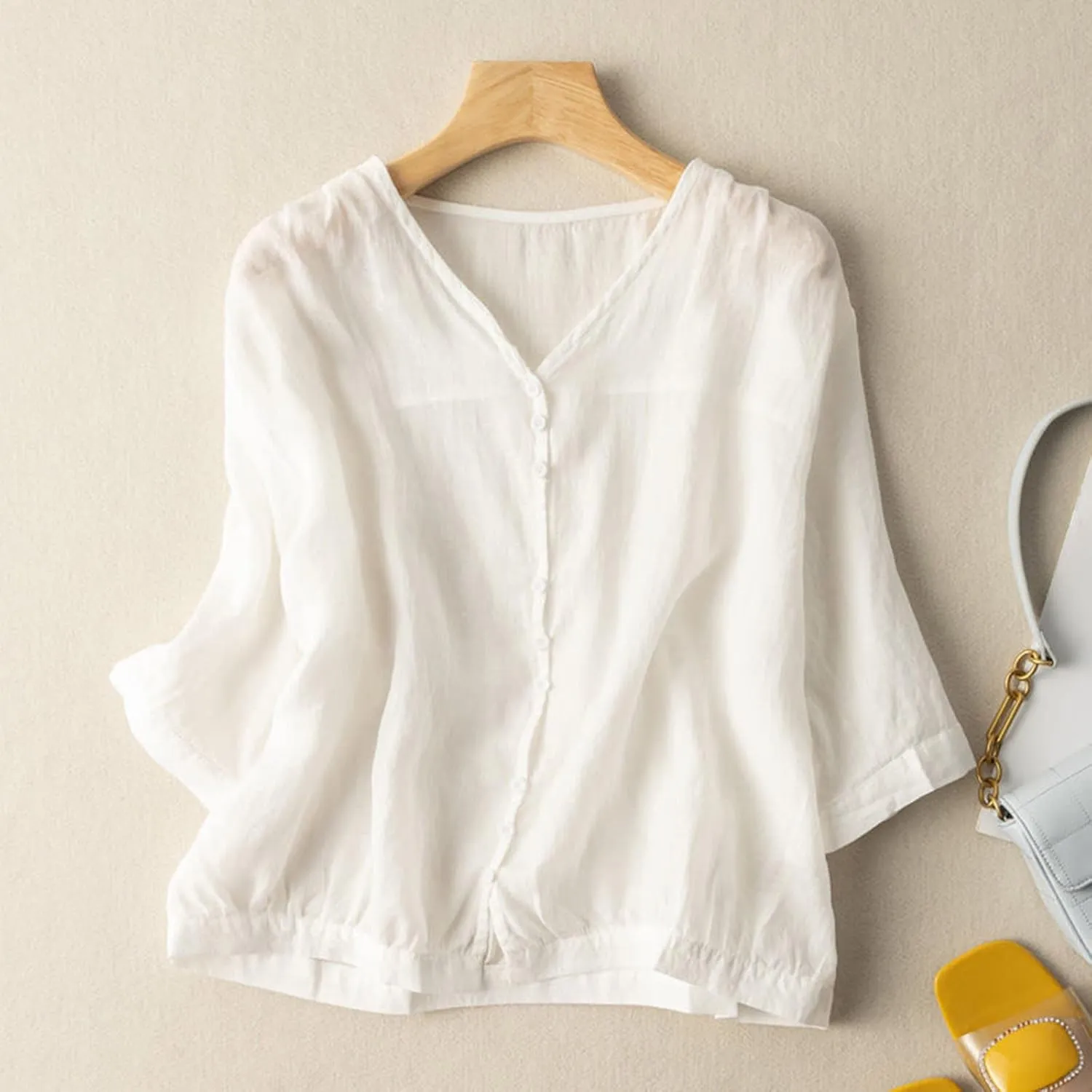 Summer Women Crop Sleeve Cotton Linen Tops 2024 Trendy Baggy T Shirt V-Neck Button-Down Shirts Casual Breathable Blouse