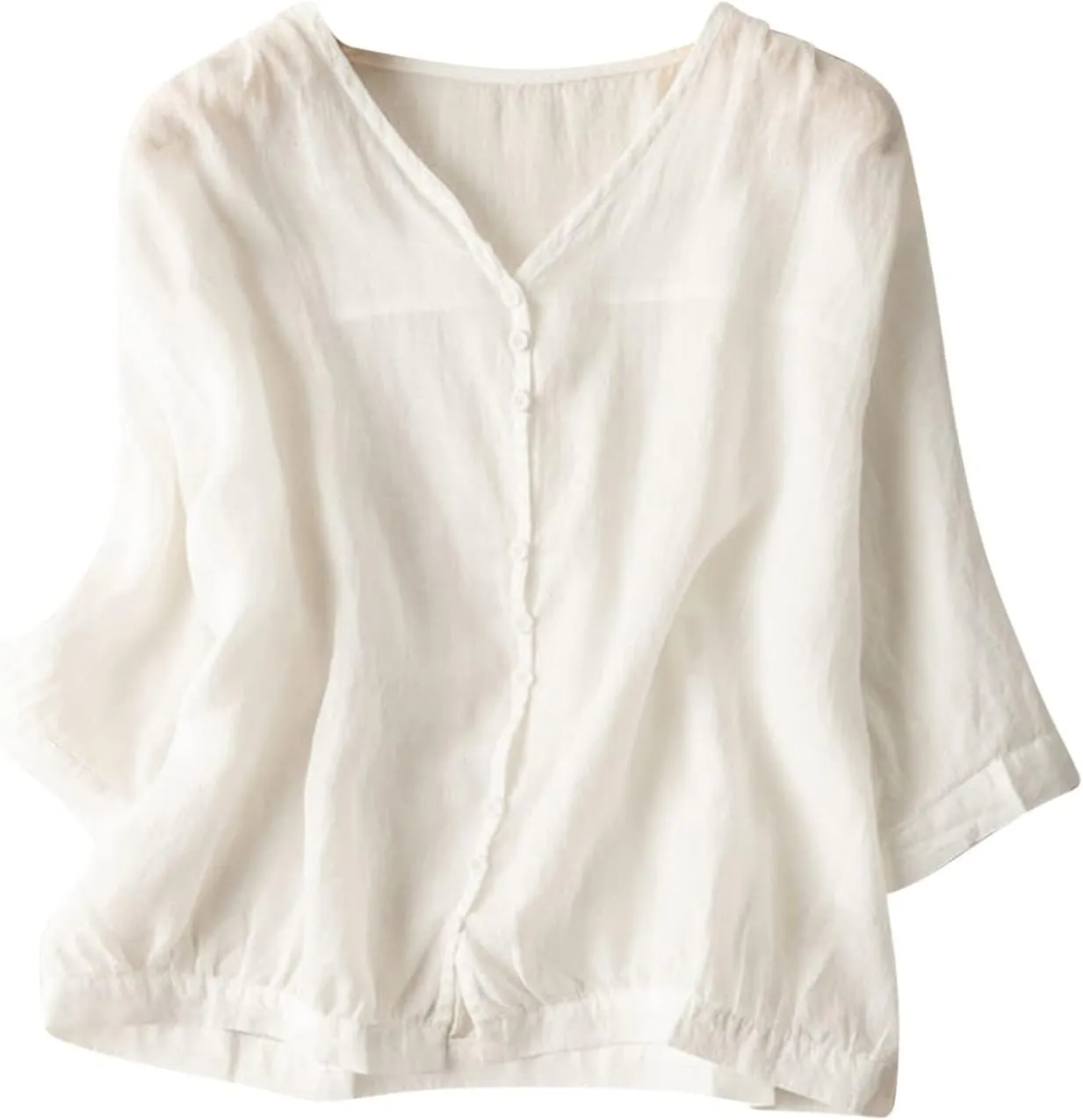 Summer Women Crop Sleeve Cotton Linen Tops 2024 Trendy Baggy T Shirt V-Neck Button-Down Shirts Casual Breathable Blouse