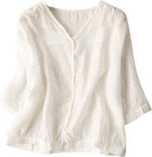 Summer Women Crop Sleeve Cotton Linen Tops 2024 Trendy Baggy T Shirt V-Neck Button-Down Shirts Casual Breathable Blouse