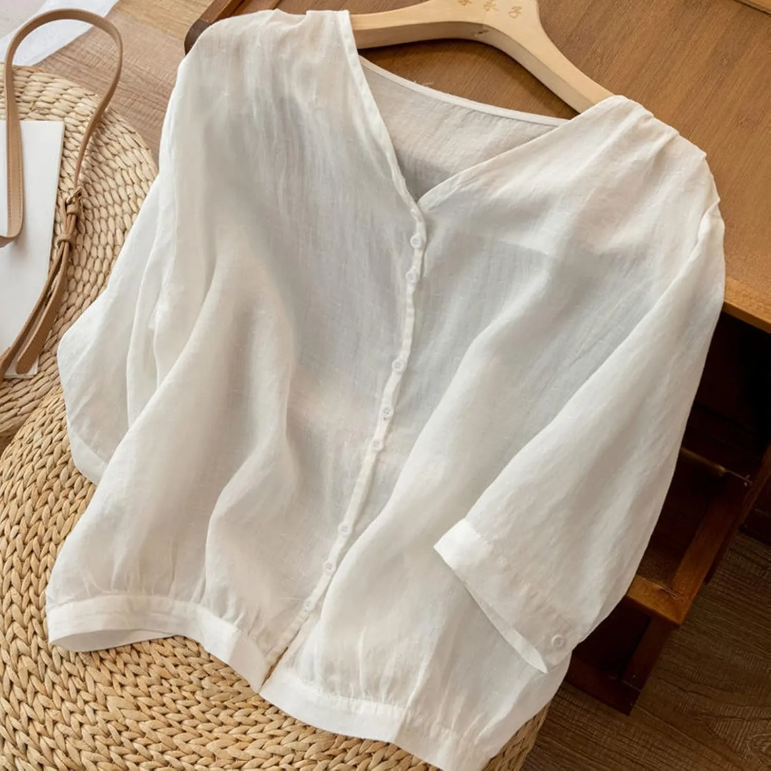 Summer Women Crop Sleeve Cotton Linen Tops 2024 Trendy Baggy T Shirt V-Neck Button-Down Shirts Casual Breathable Blouse