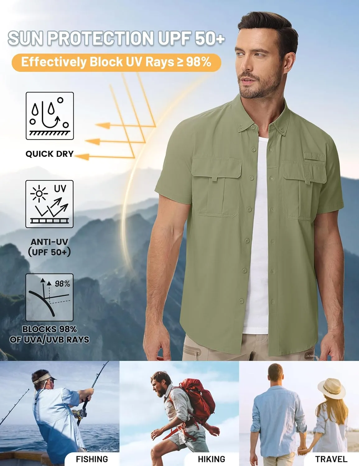 TACVASEN Mens Short Sleeve Sun Protection Shirt UPF 50  Quick Dry Fishing Cooling UV Shirts Outdoor Tactical Hiking Shirts