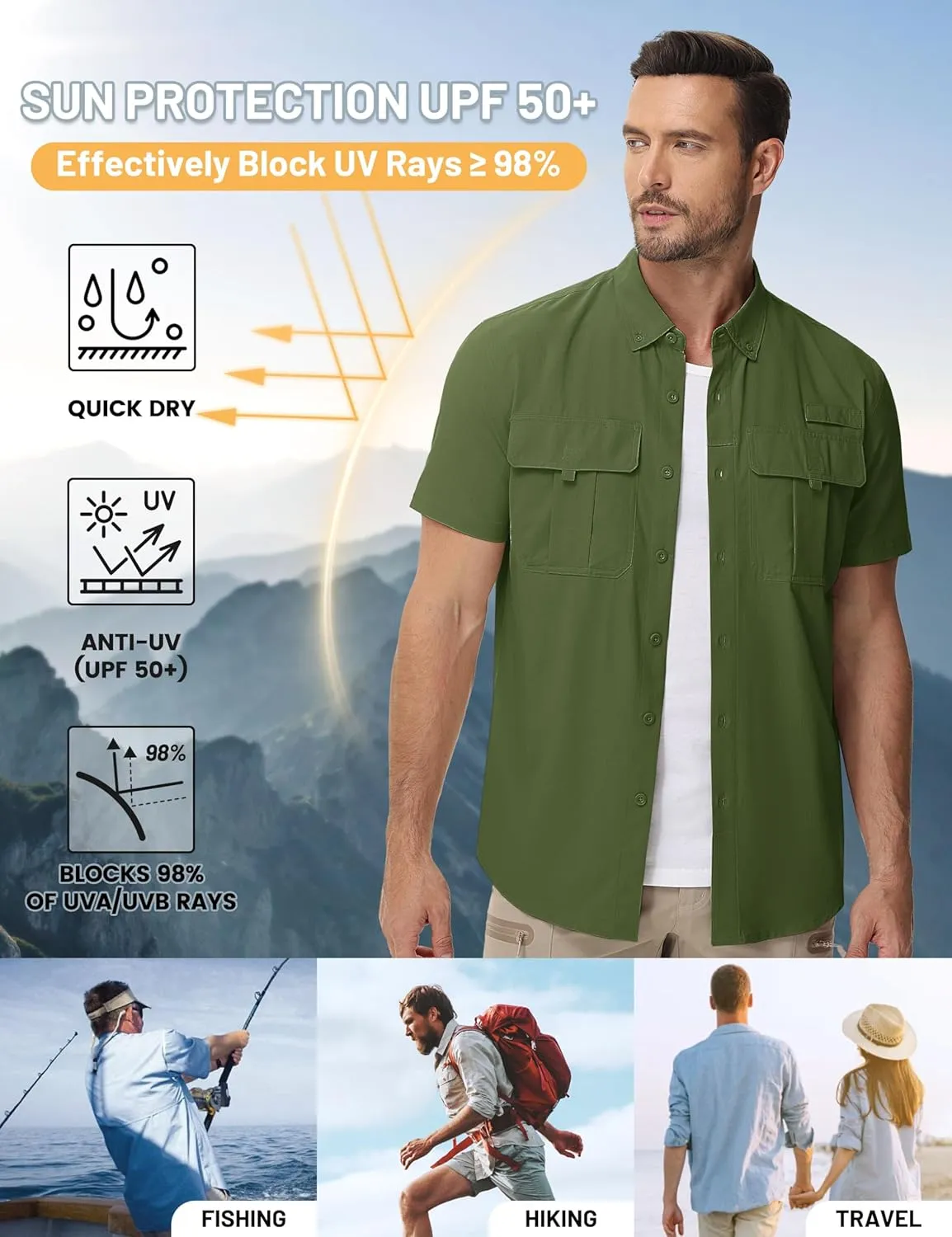 TACVASEN Mens Short Sleeve Sun Protection Shirt UPF 50  Quick Dry Fishing Cooling UV Shirts Outdoor Tactical Hiking Shirts