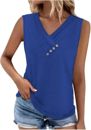 Tank Top for Women Summer Pleated Button V Neck T Shirts Sleeveless Loose Fit Blouse 2025 Fashion Tunics