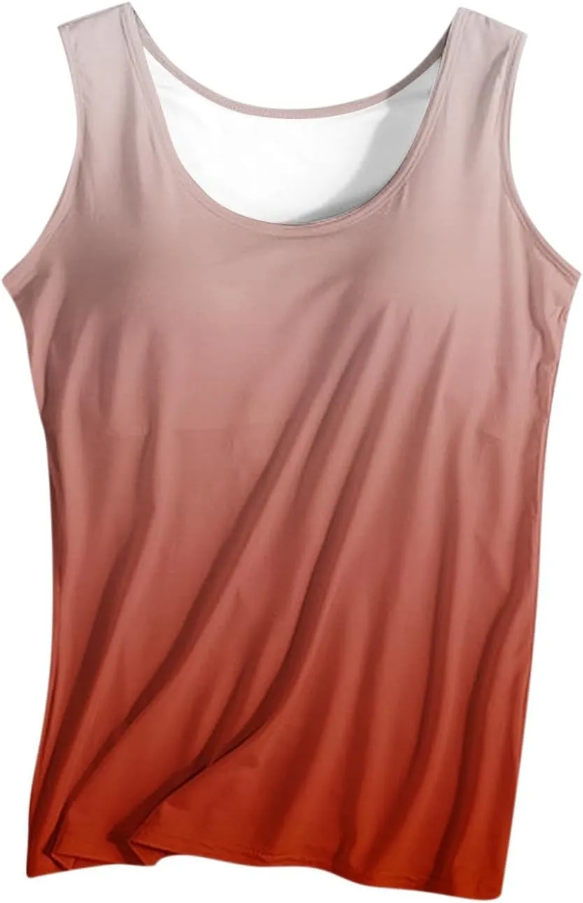 Tank Top with Built in Bra for Women 2025 Summer Gradient Sleeveless Shirts Casual Comfy Basic Camisole Undershirts