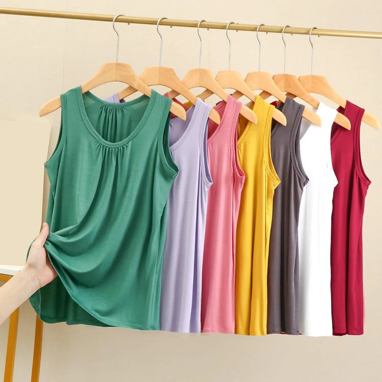 Tank Tops for Women Round Neck Pleated Tunics Cute Solid Color Sleeveless Shirts Comfy Going Out Blouse
