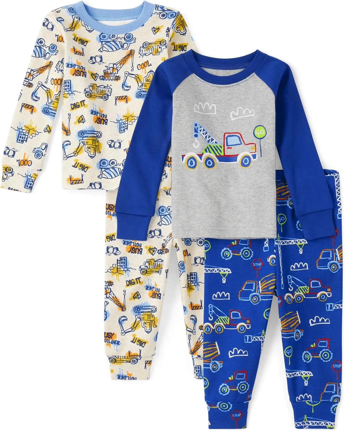 The Children's Place Baby Boys' and Toddler Long Sleeve Top and Pants Snug Fit 100% Cotton 4 Piece Pajama Set
