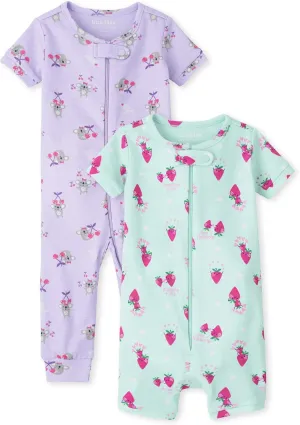 The Children's Place Baby Girls' Koala Strawberry Snug Fit Cotton Zip Front One Piece Pajama 2 Pack