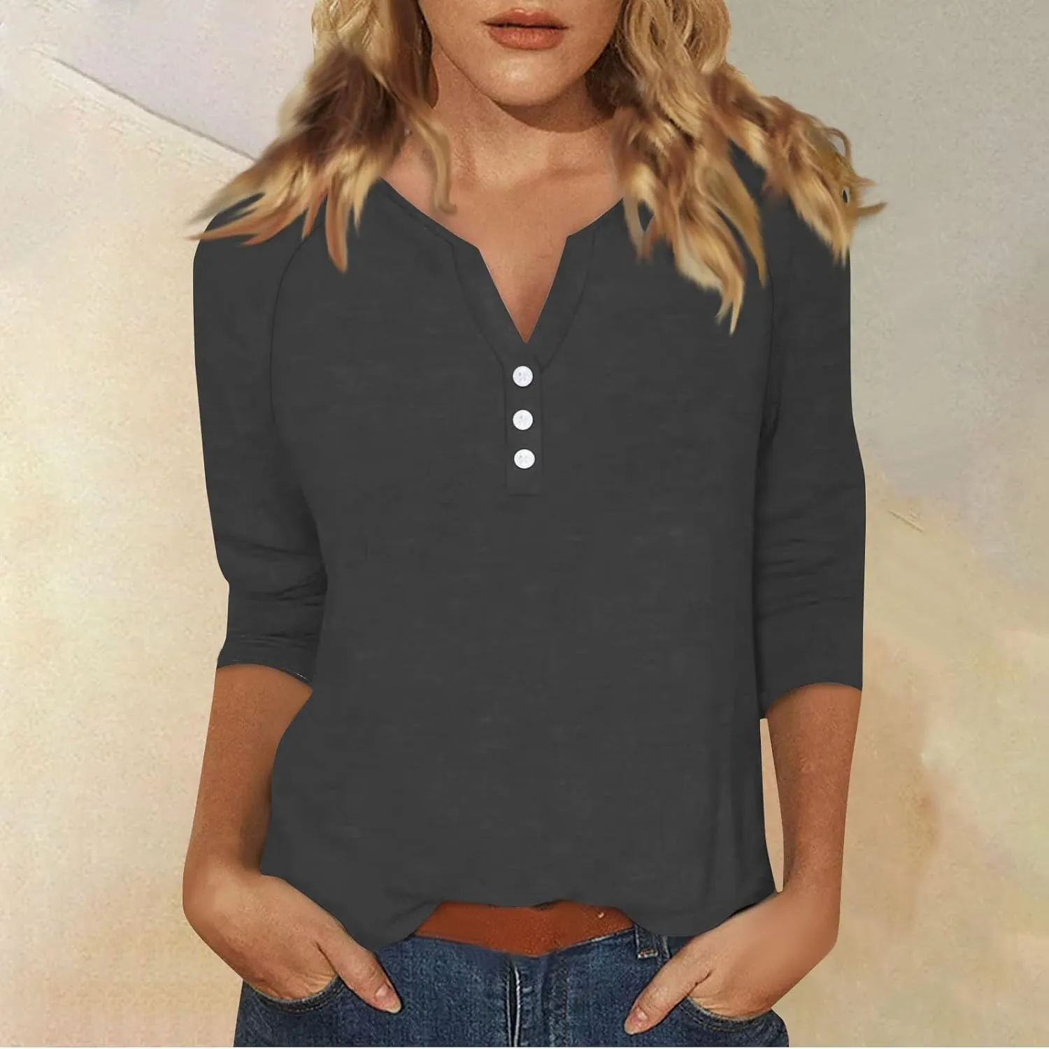 Tops for Women Trendy 3/4 Sleeve Solid Color T Shirts V Neck Baggy Basic Tees Business Loose Casual Tunic Tops