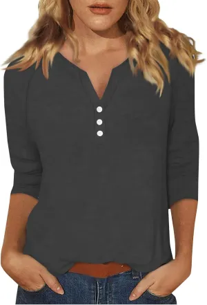 Tops for Women Trendy 3/4 Sleeve Solid Color T Shirts V Neck Baggy Basic Tees Business Loose Casual Tunic Tops