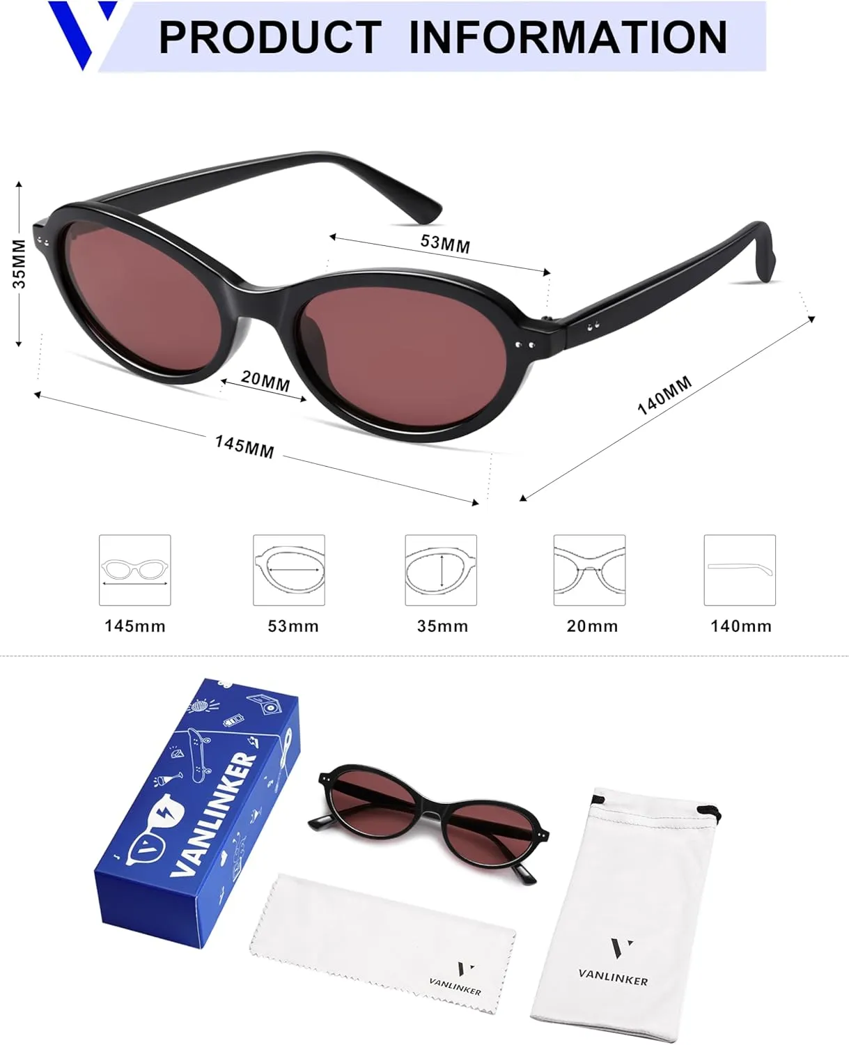 VANLINKER Trendy Oval Polarized Sunglasses for Women Men Small 90s Style Retro Cat Eye Frame Narrow Sleek Design VL9847