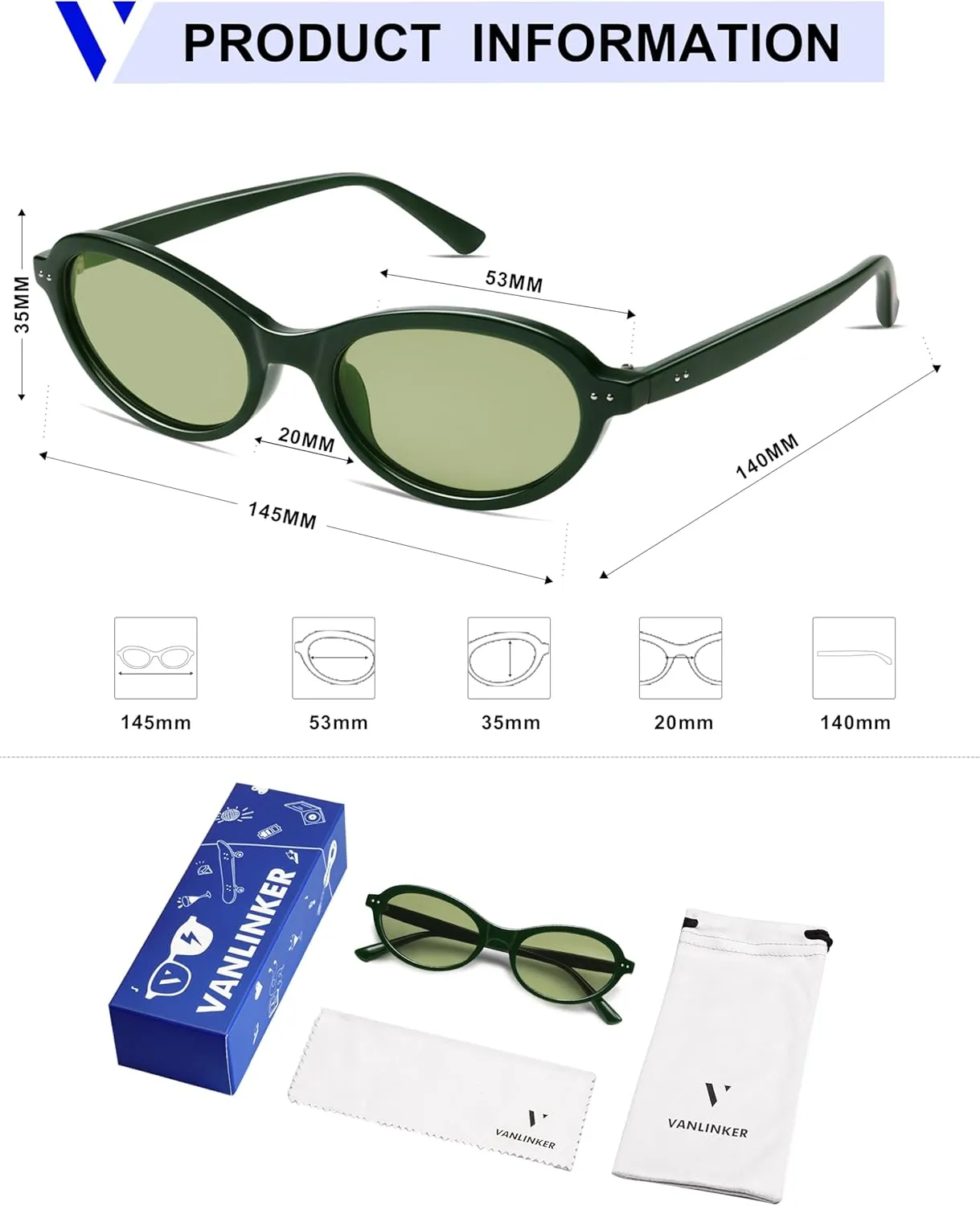 VANLINKER Trendy Oval Polarized Sunglasses for Women Men Small 90s Style Retro Cat Eye Frame Narrow Sleek Design VL9847