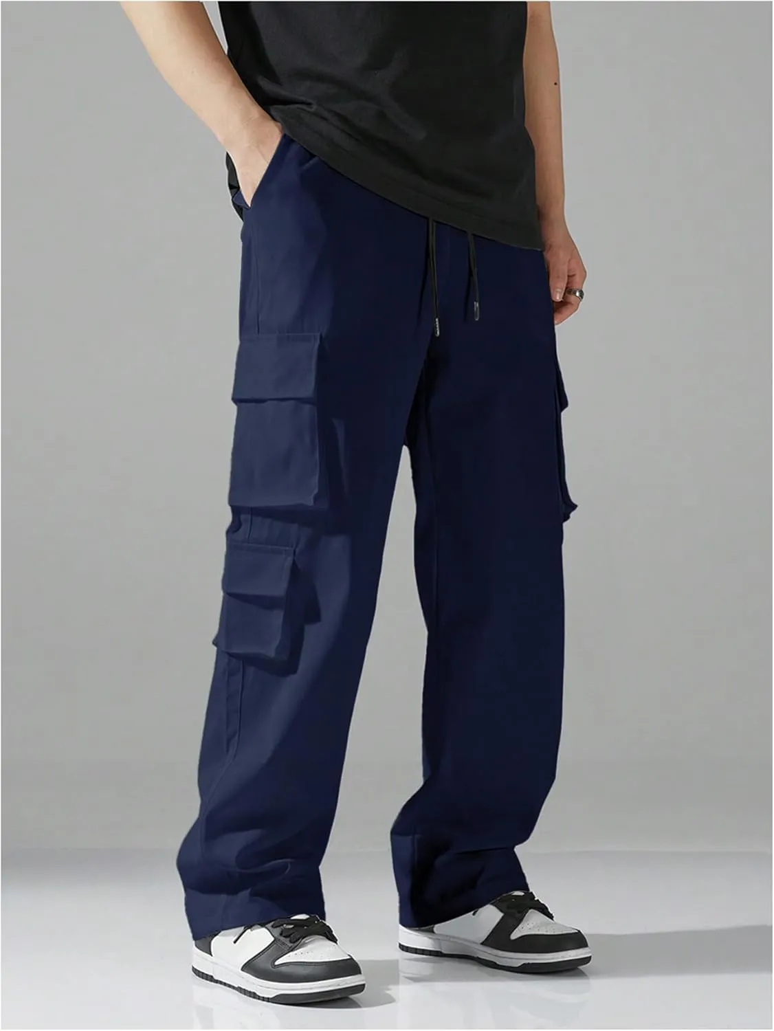 Verdusa Men's Drawstring Waist Straight Leg Cargo Pants Street Trousers