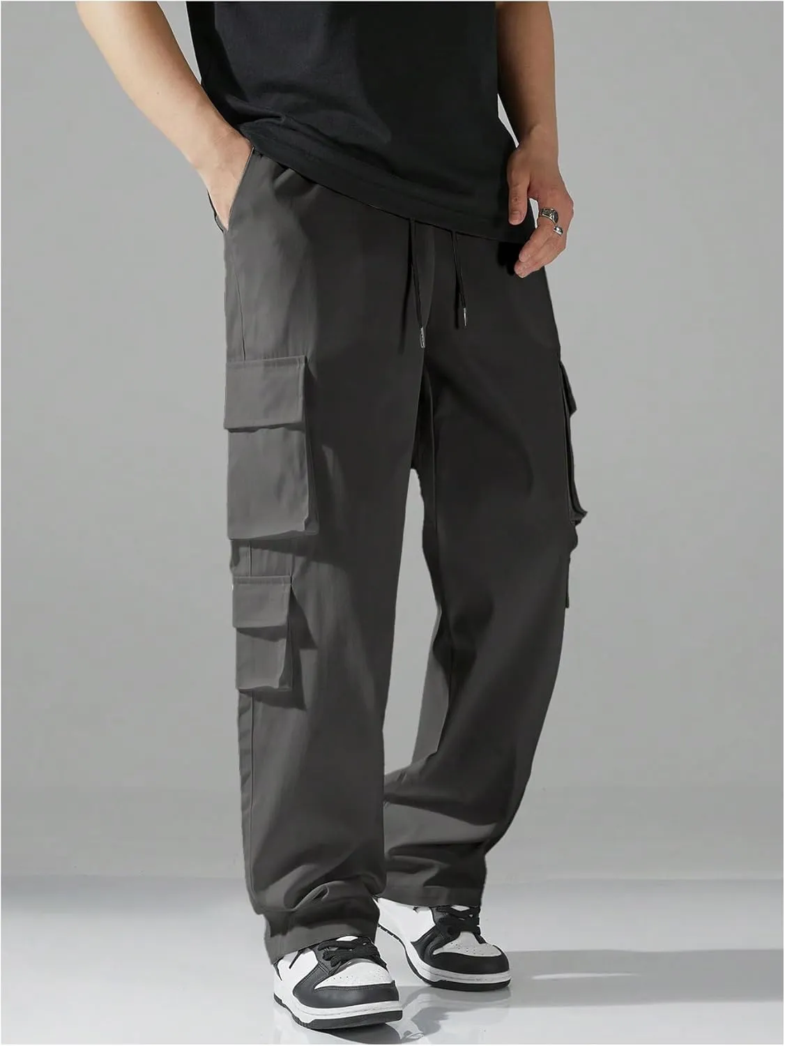 Verdusa Men's Drawstring Waist Straight Leg Cargo Pants Street Trousers