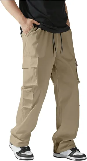 Verdusa Men's Drawstring Waist Straight Leg Cargo Pants Street Trousers