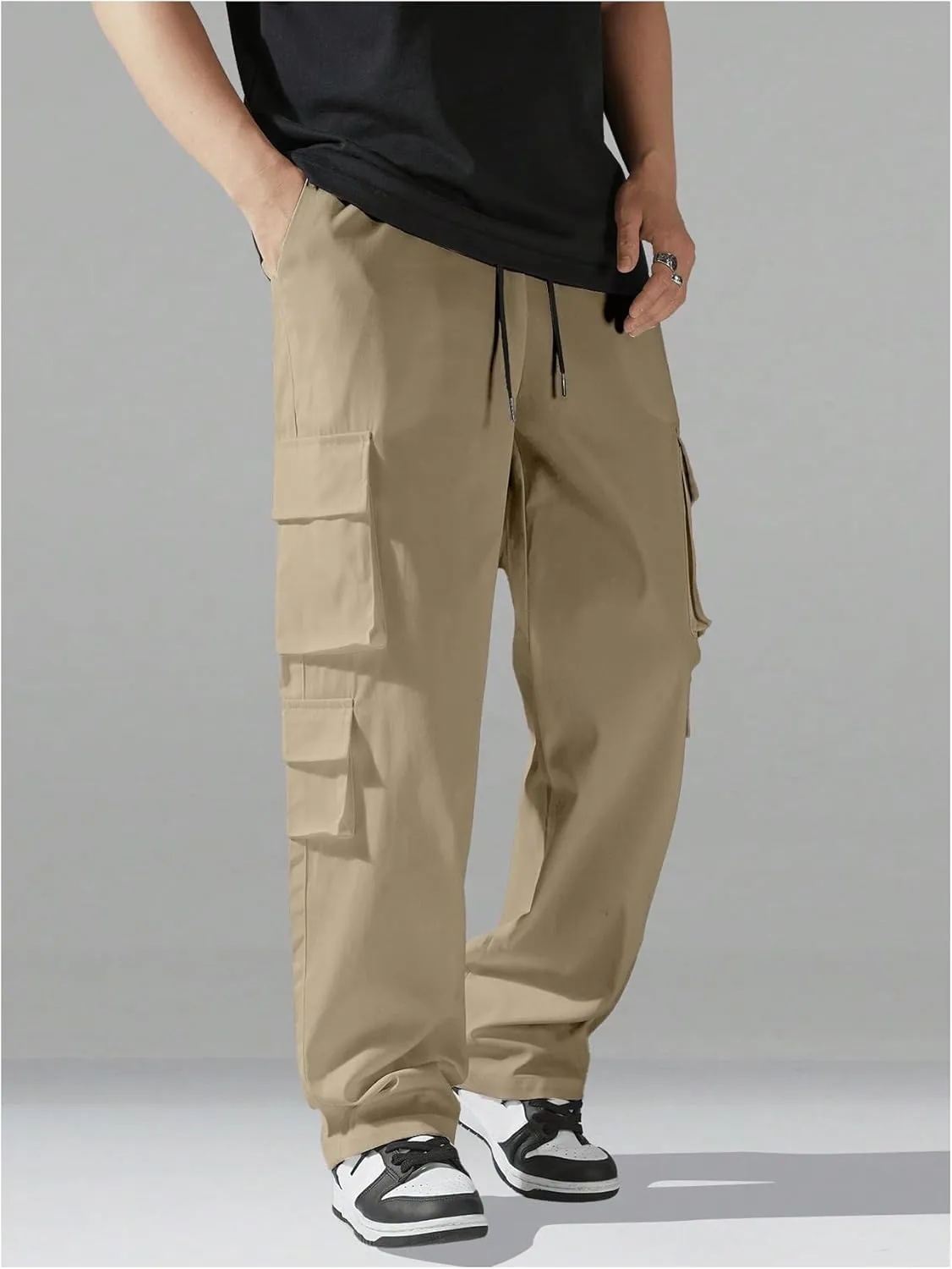 Verdusa Men's Drawstring Waist Straight Leg Cargo Pants Street Trousers