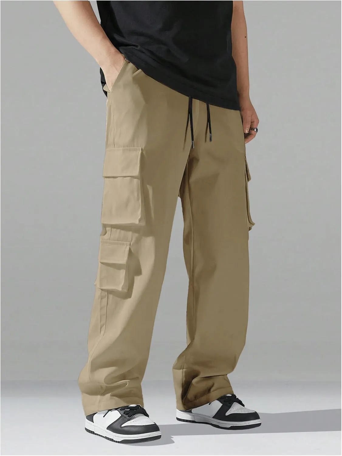 Verdusa Men's Drawstring Waist Straight Leg Cargo Pants Street Trousers
