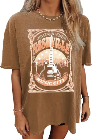 Wildflowers T-Shirts Women Oversized Vintage Floral Shirts Nashville Music City Tops Rock Band Tee