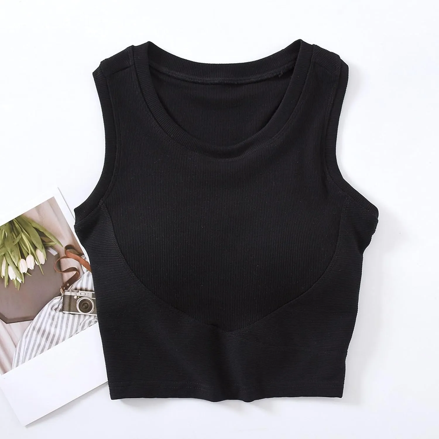 Wmens Crop Tank Tops with Built in Bra Sexy Basic Shelf Bras Yoga Shirts Slim High Neck Padded Camisoles Undershirt