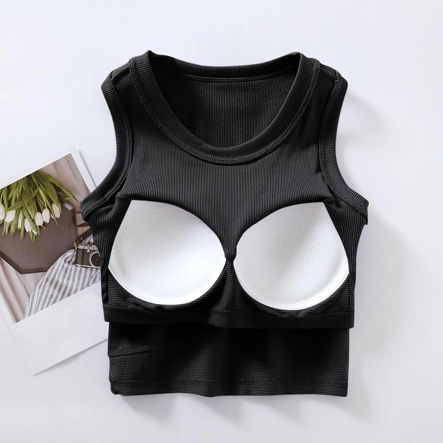 Wmens Crop Tank Tops with Built in Bra Sexy Basic Shelf Bras Yoga Shirts Slim High Neck Padded Camisoles Undershirt