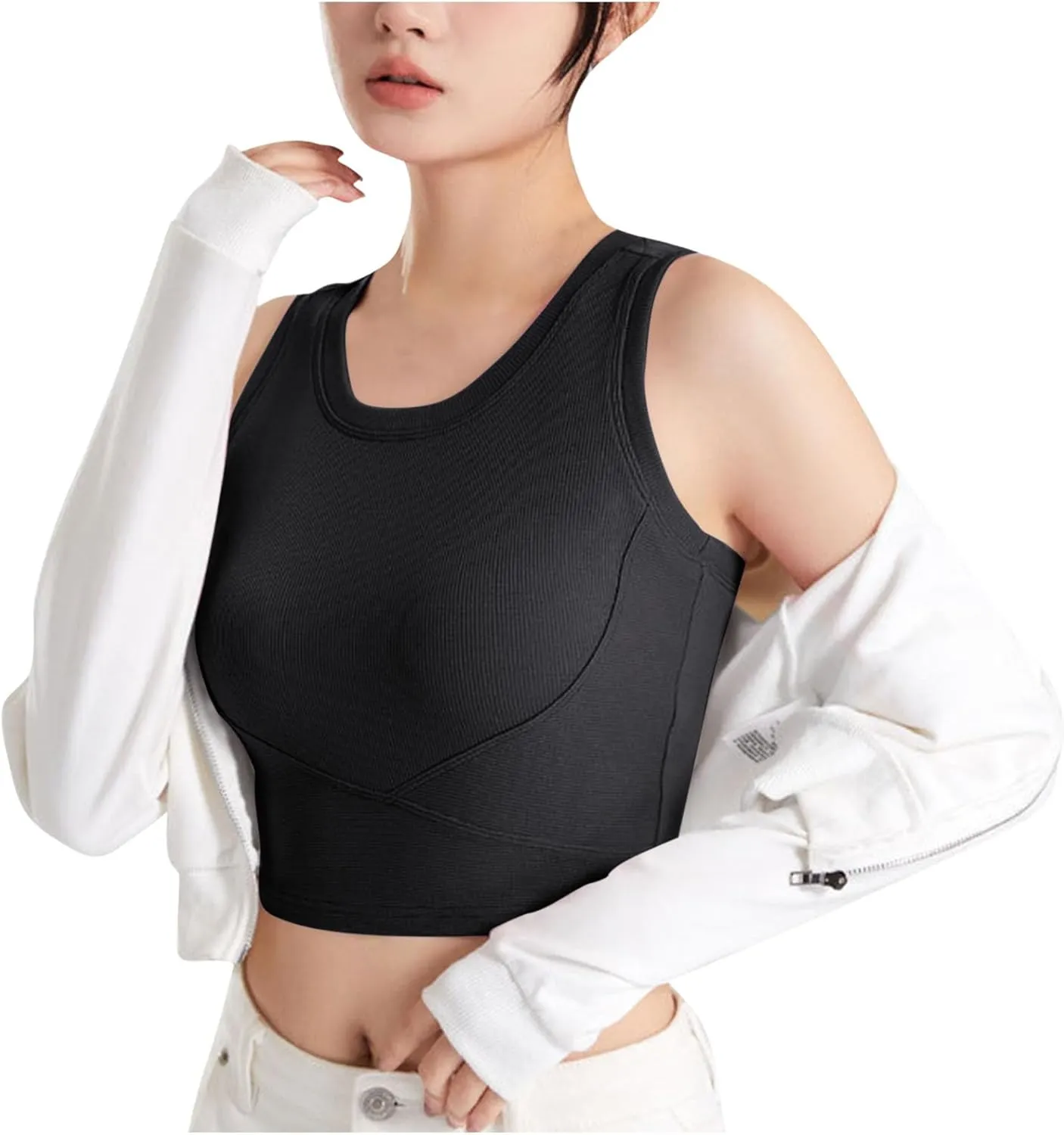 Wmens Crop Tank Tops with Built in Bra Sexy Basic Shelf Bras Yoga Shirts Slim High Neck Padded Camisoles Undershirt