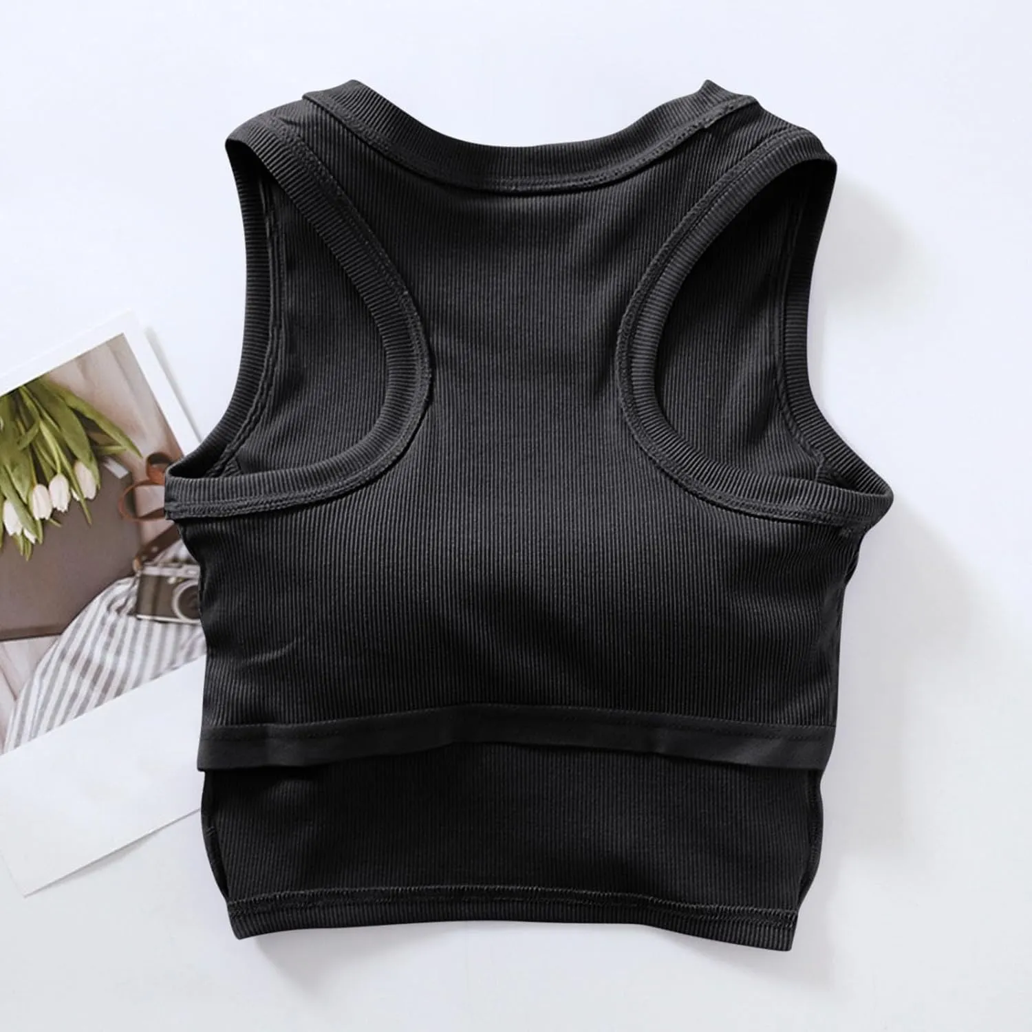 Wmens Crop Tank Tops with Built in Bra Sexy Basic Shelf Bras Yoga Shirts Slim High Neck Padded Camisoles Undershirt