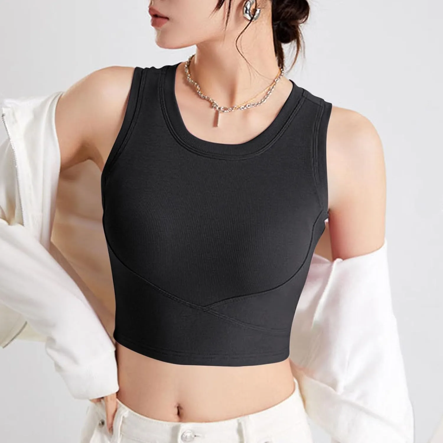 Wmens Crop Tank Tops with Built in Bra Sexy Basic Shelf Bras Yoga Shirts Slim High Neck Padded Camisoles Undershirt