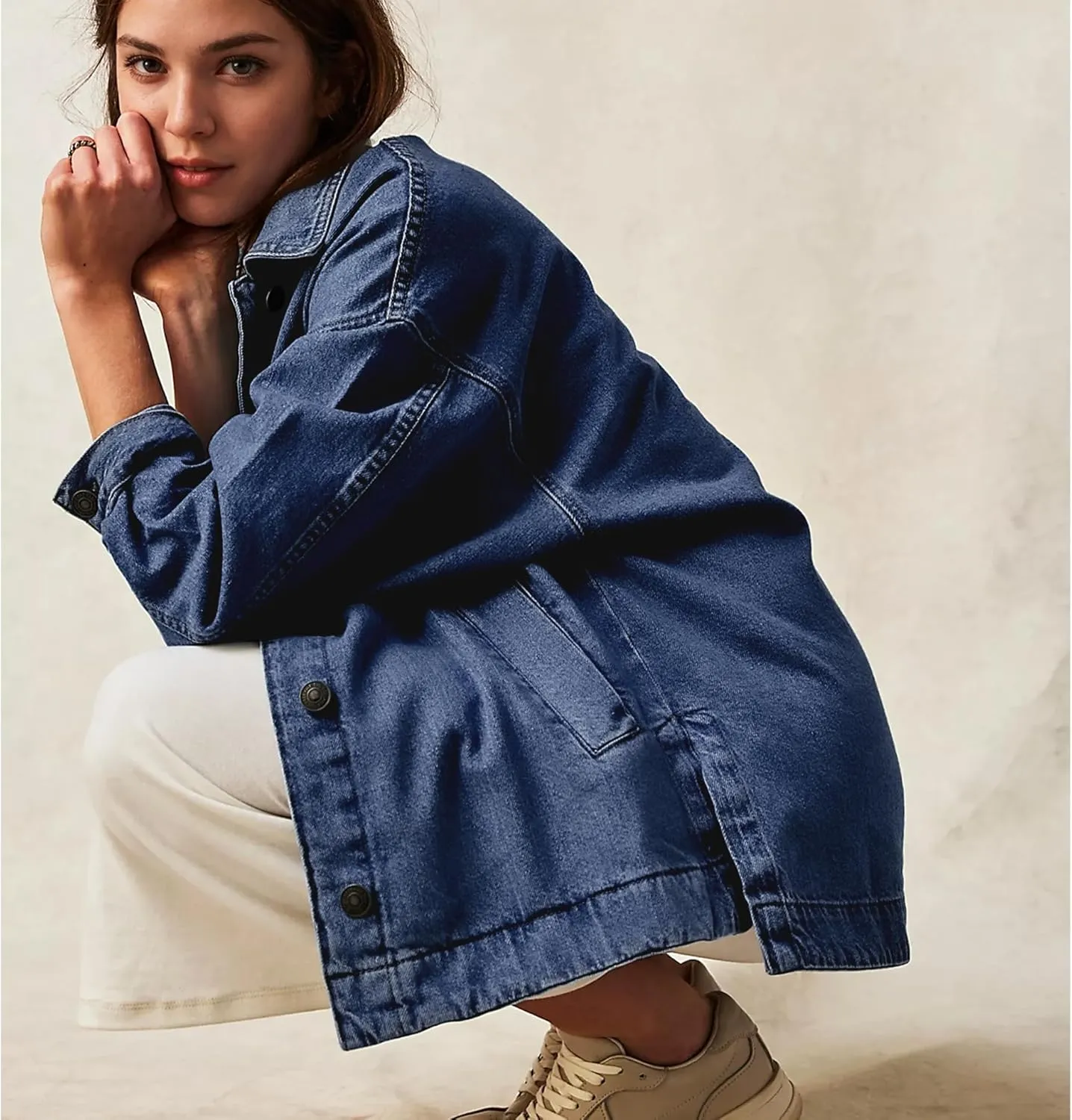 Women Denim Jackets Long Sleeve Plus Size Bottom Down Side Slit Vintage City Jean Jacket Shacket Coat with Pockets