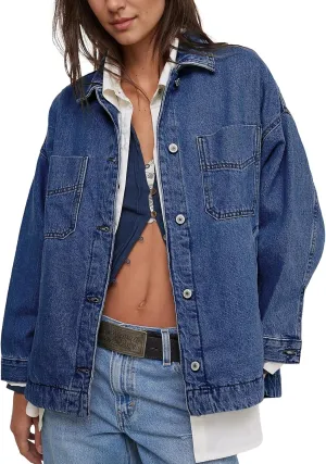 Women Denim Jackets Long Sleeve Plus Size Bottom Down Side Slit Vintage City Jean Jacket Shacket Coat with Pockets