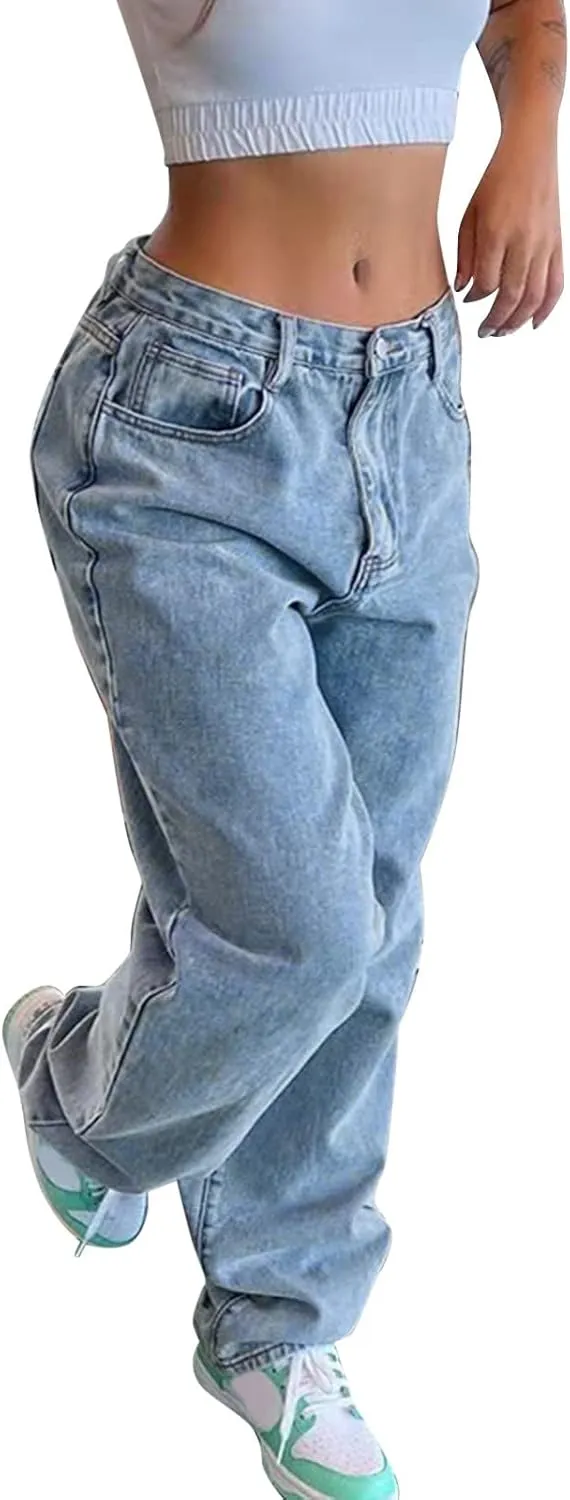 Women Fashion Jeans Solid Loose High Waist Straight Leg Wide Leg Trousers Street Style Causal Daily Denim Pant