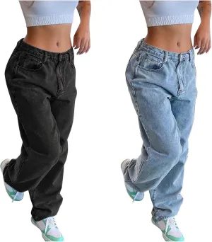 Women Fashion Jeans Solid Loose High Waist Straight Leg Wide Leg Trousers Street Style Causal Daily Denim Pant
