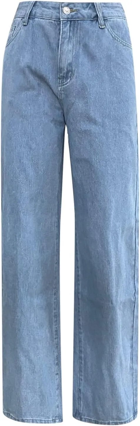 Women Fashion Jeans Solid Loose High Waist Straight Leg Wide Leg Trousers Street Style Causal Daily Denim Pant