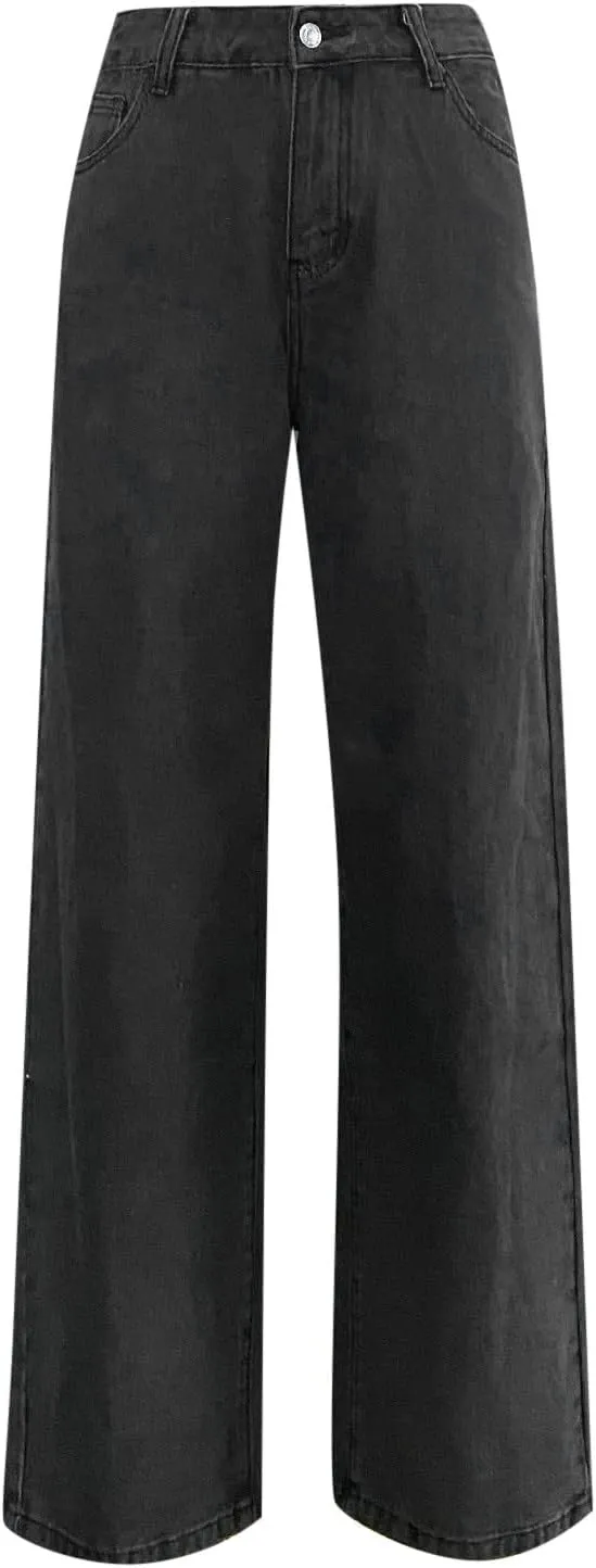 Women Fashion Jeans Solid Loose High Waist Straight Leg Wide Leg Trousers Street Style Causal Daily Denim Pant
