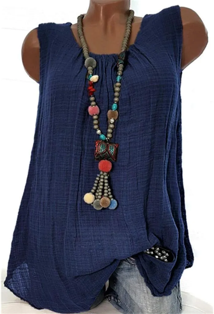Women Linen Sleeveless Tank Tops Summer Casual Vintage Pleated Blouse Loose Comfy Flowy Beach T-Shirt Camisole